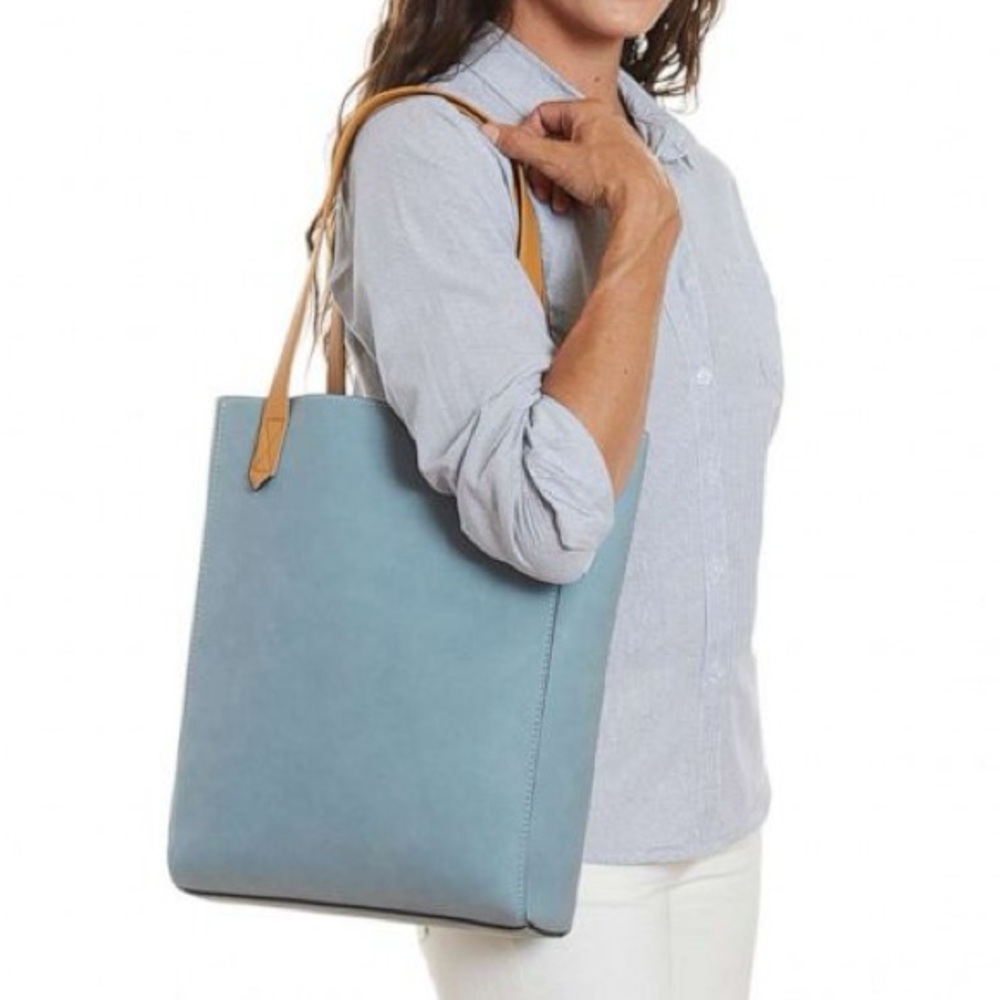 Lulu Dharma Vegan Suede Bucket Bag Light Blue Tan Tall Shoulder Tote Purse Strap